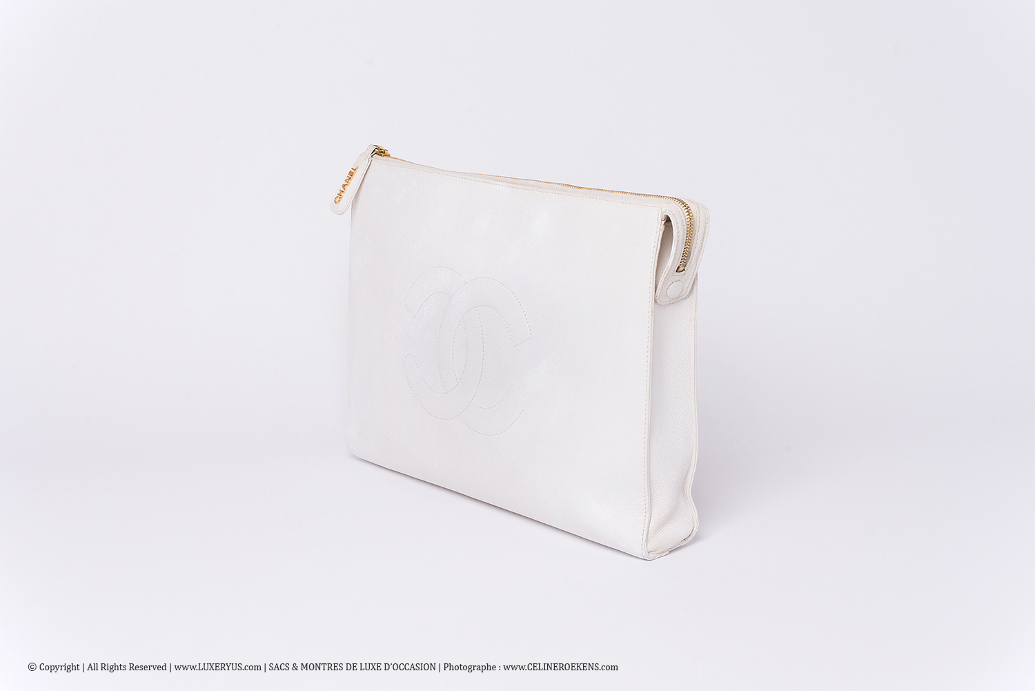Porte-documents / Portfolio Vintage Chanel Authentique d'occasion en cuir grainé blanc
